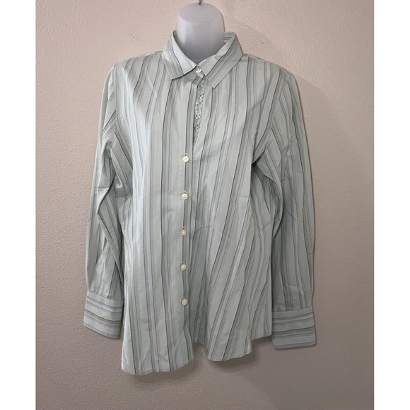 Old Navy Women's Blouse Sage Green Striped Long Sleeve Button Up Ruffle Size M - Picture 2 of 11